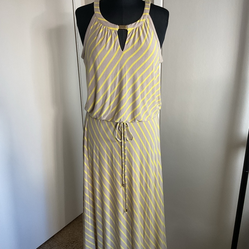 Calvin Klein Yellow Gray Striped Maxi Dress Drawstring Waist Size L